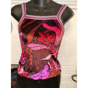VINTAGE ESTATE LUXE DESIGNER VELOUR PRINT TANK TOP KNIT TRIM XS